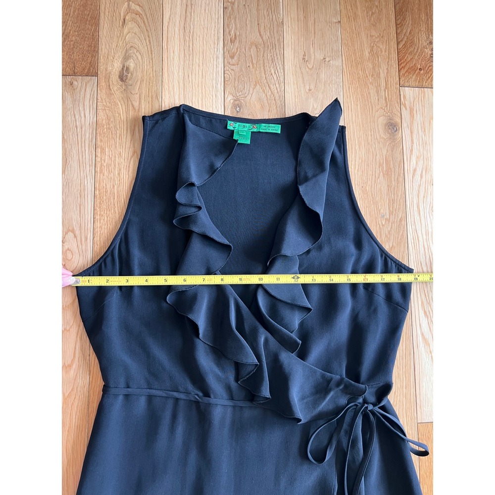 TIBI 100% Silk Wrap Ruffle Midi Dress Black V-Neck Sleeveless Womens Size Large - Picture 4 of 9